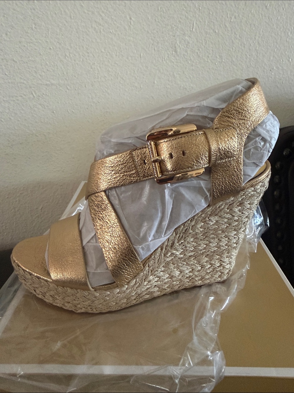 Michael Kors Gold Leather Espadrille Wedge Sandals